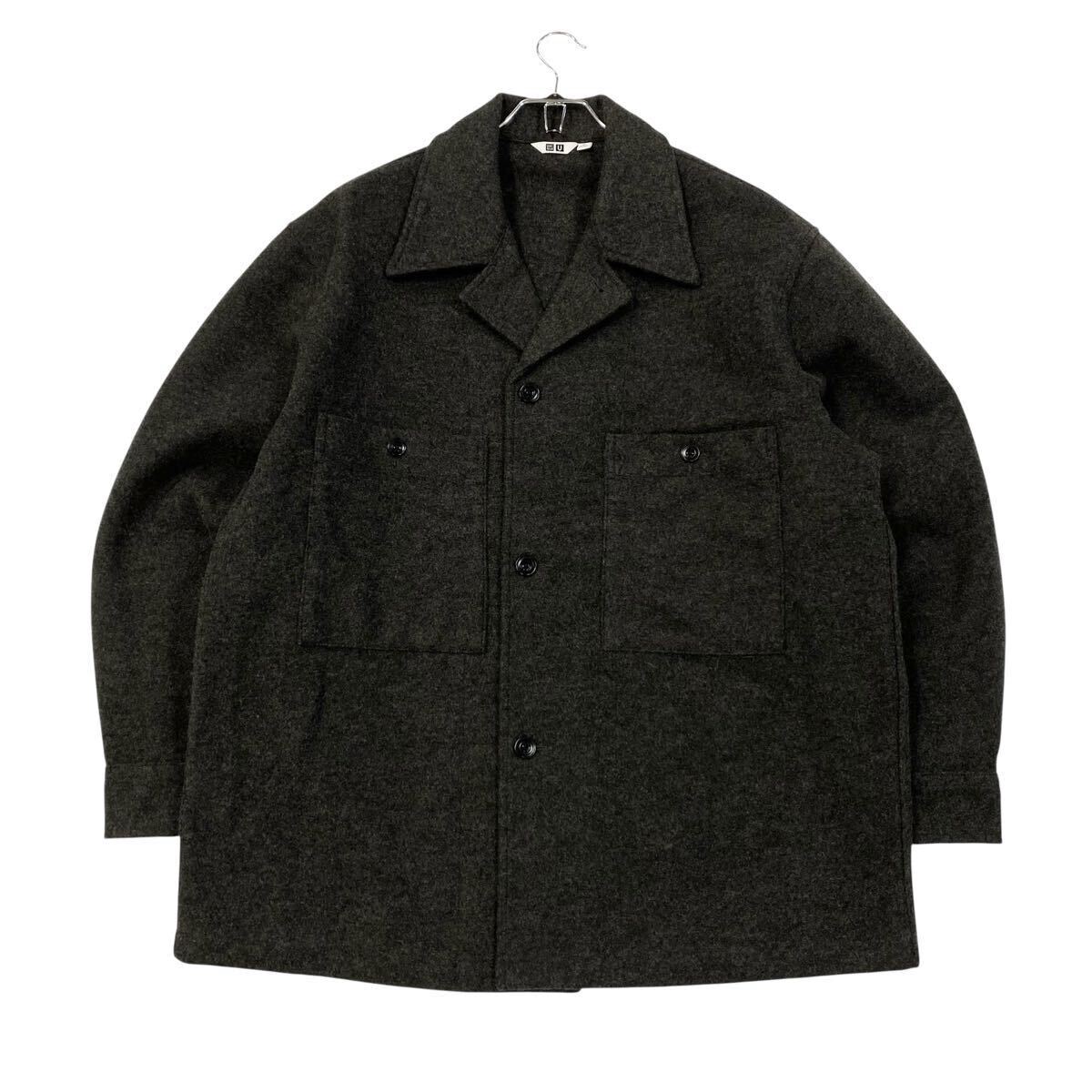良品 UNIQLO U(ユニクロユー) 長袖 フリースジャージーオーバーシャツ メンズXL グレー系拍卖