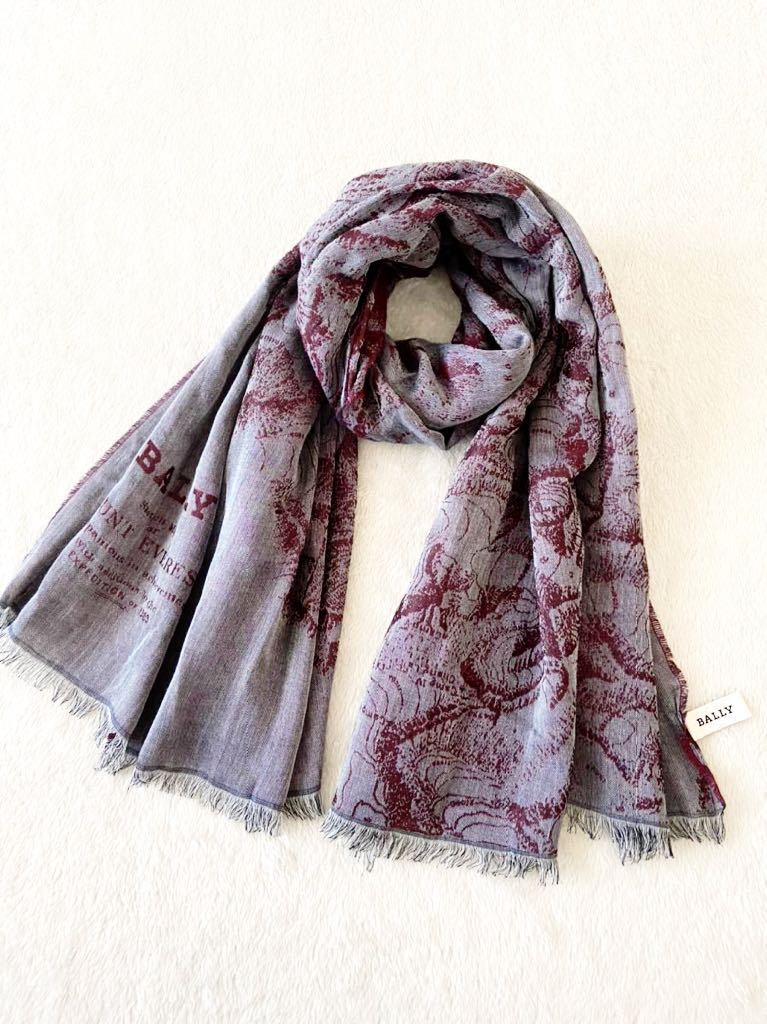 BALLY イタリア製ストール バリー マフラー スカーフ ボルドー グレー拍卖