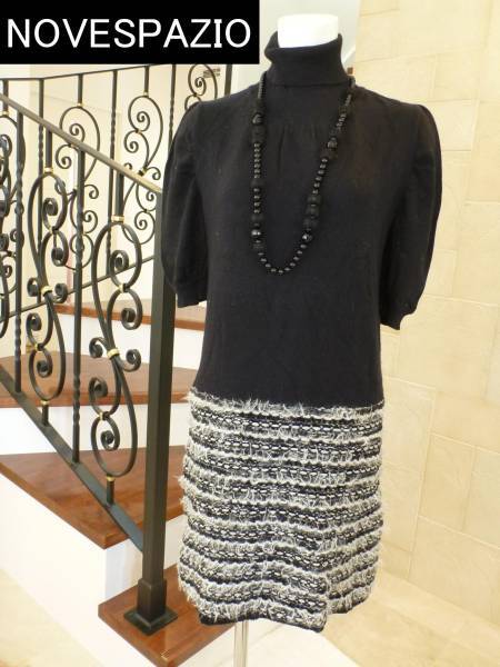 4万 美品 ノーベスパジオNOVESPAZIO 黒×白 ニットワンピース 38 M相当拍卖