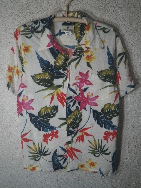 n6744 Hawaiian ALOHA TOROPICL ハワイアン アロハ トロピカル 半袖 レーヨン 100% シャツ ボタニカル リーフ 花 総柄拍卖