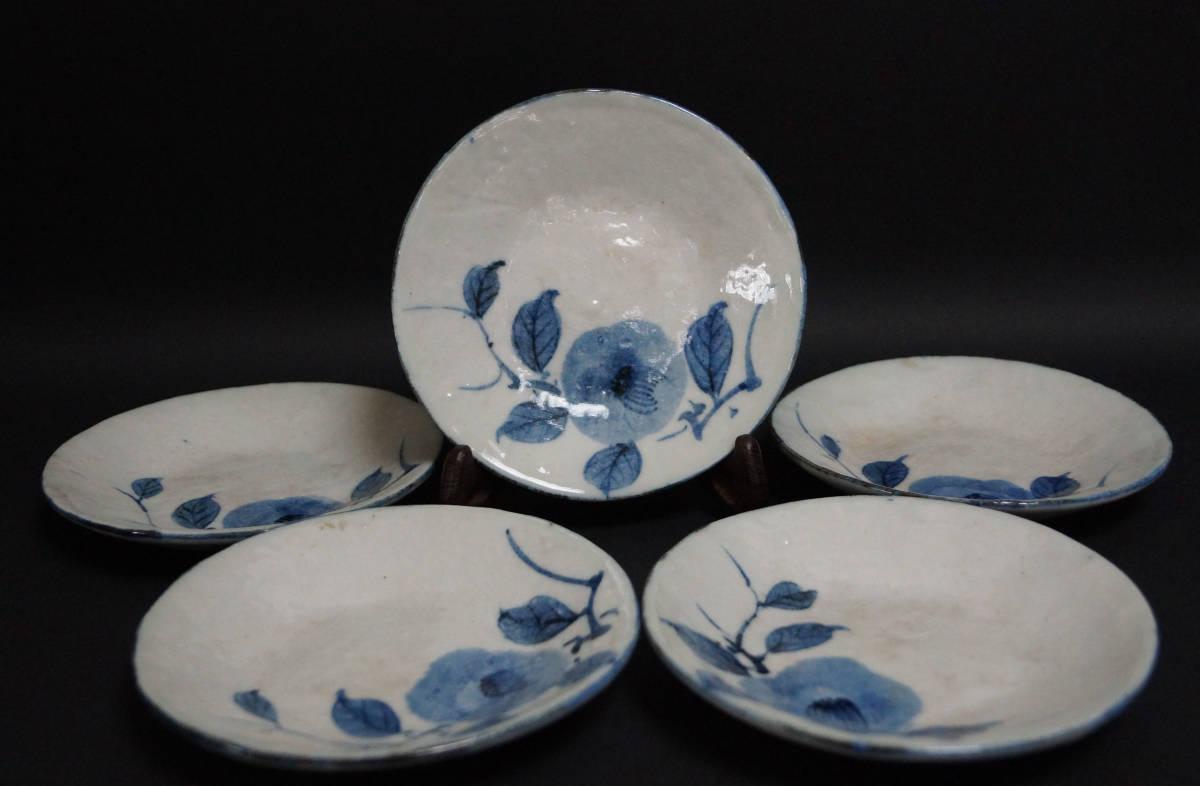【閑】茶道具 染付 銘々皿 五枚セット『花文』箱付 / 懐石道具 茶道具 ☆時代物☆ 3B0204■拍卖