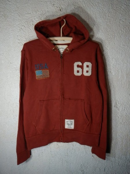 to2189 FRUIT OF THE LOOM フルーツ ビンテージ加工 クラッシュ加工 USA ワッペン デザイン ジップ スウェット パーカー 人気拍卖