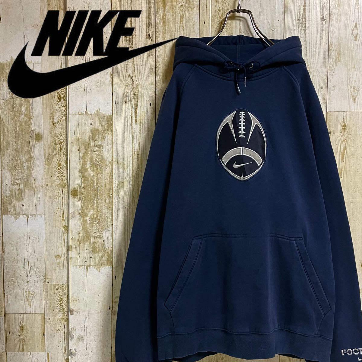 NIKE ナイキ フットボール ビッグロゴ ワッペン 刺繍 袖ロゴ ラグラン ビッグシルエット プルオーバー スウェットパーカー L 古着拍卖