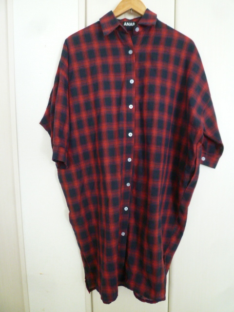 ANAP/アナップ△赤×紺格子チェック柄ロングネルシャツワンピースF/レッドネイビー両サイドスリットコットン長袖マキシ丈△216拍卖