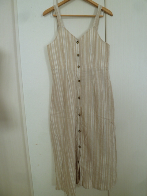 GU/ジーユー△ライトベージュ×白縦ストライプリネンロングジャンパーワンピースL/マキシ丈△217拍卖