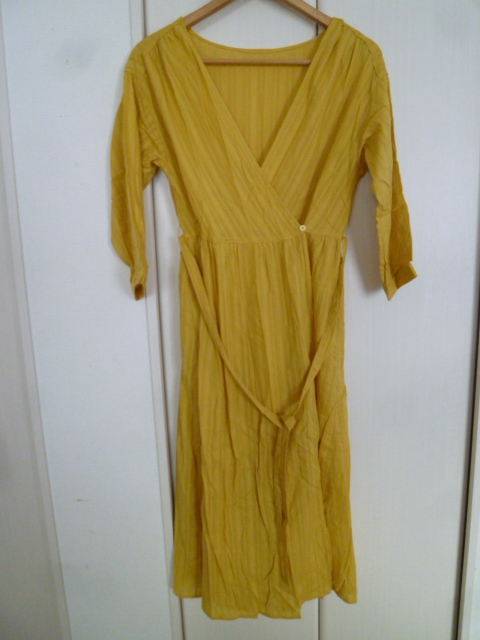 GU/ジーユー△からし色系カシュクールワンピースS/ガウンロングカーディガン3WAYマスタード色系ウエストリボンコットン△28拍卖