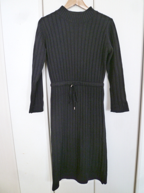 Casual calor△ブラック縦リボンウエストリボンニットロングワンピースM/色違いのブラウンあり在庫茶黒△② 212拍卖