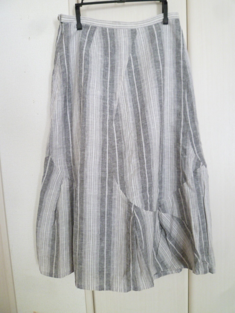 OttO/オットー△ライトグレー×白縦ストライプ風変形デザインフリルロングフレアースカート11/L11号麻混リネンマダムミセス△SK224拍卖