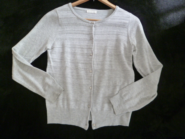 index/インデックス△グレー凸凹ボーダーフェイクオパール風ジュエルボタンニットカーディガンM/ワールド△② 212拍卖