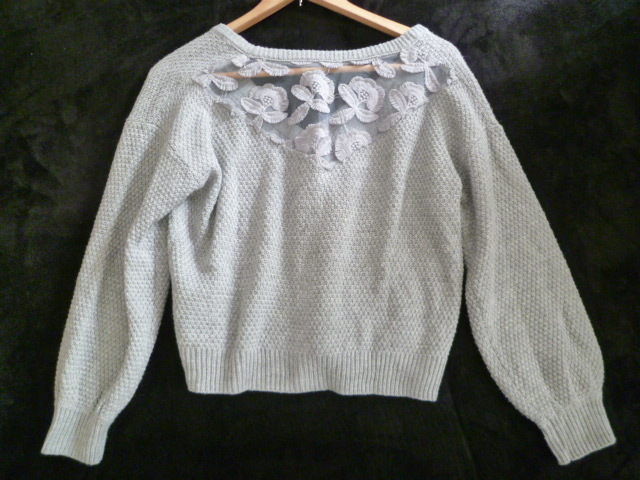 VIS/ヴィス△ライトグレーバックレース使いざっくり編みニットカーディガンF/セーター後ろレースジュンビス△② 212拍卖