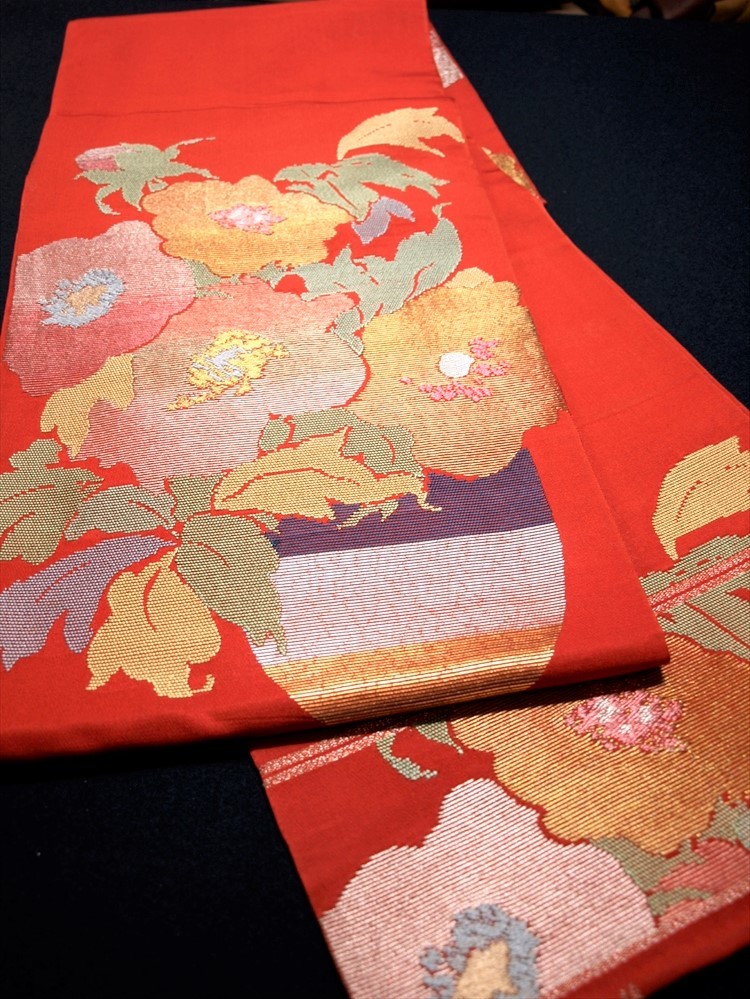 花とら●リサイクル帯 袋帯 龍村製 挿花文錦 逸品 銘品 牡丹 美品 訪問着 210204拍卖