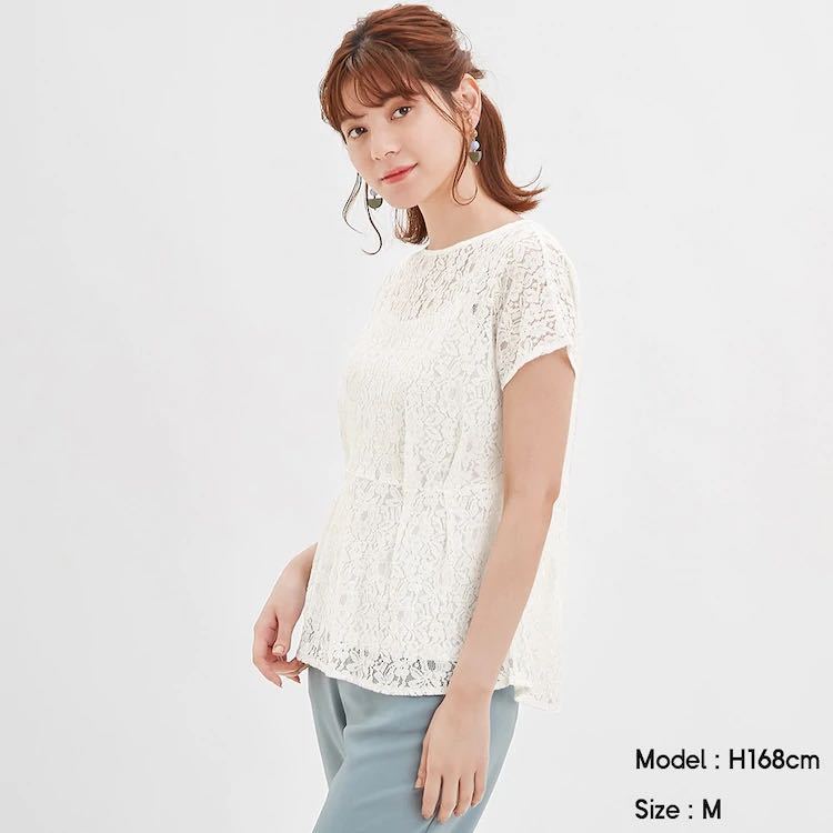 GU/ジーユー ペプラムレースプルオーバー 半袖 オフホワイト 白 L拍卖