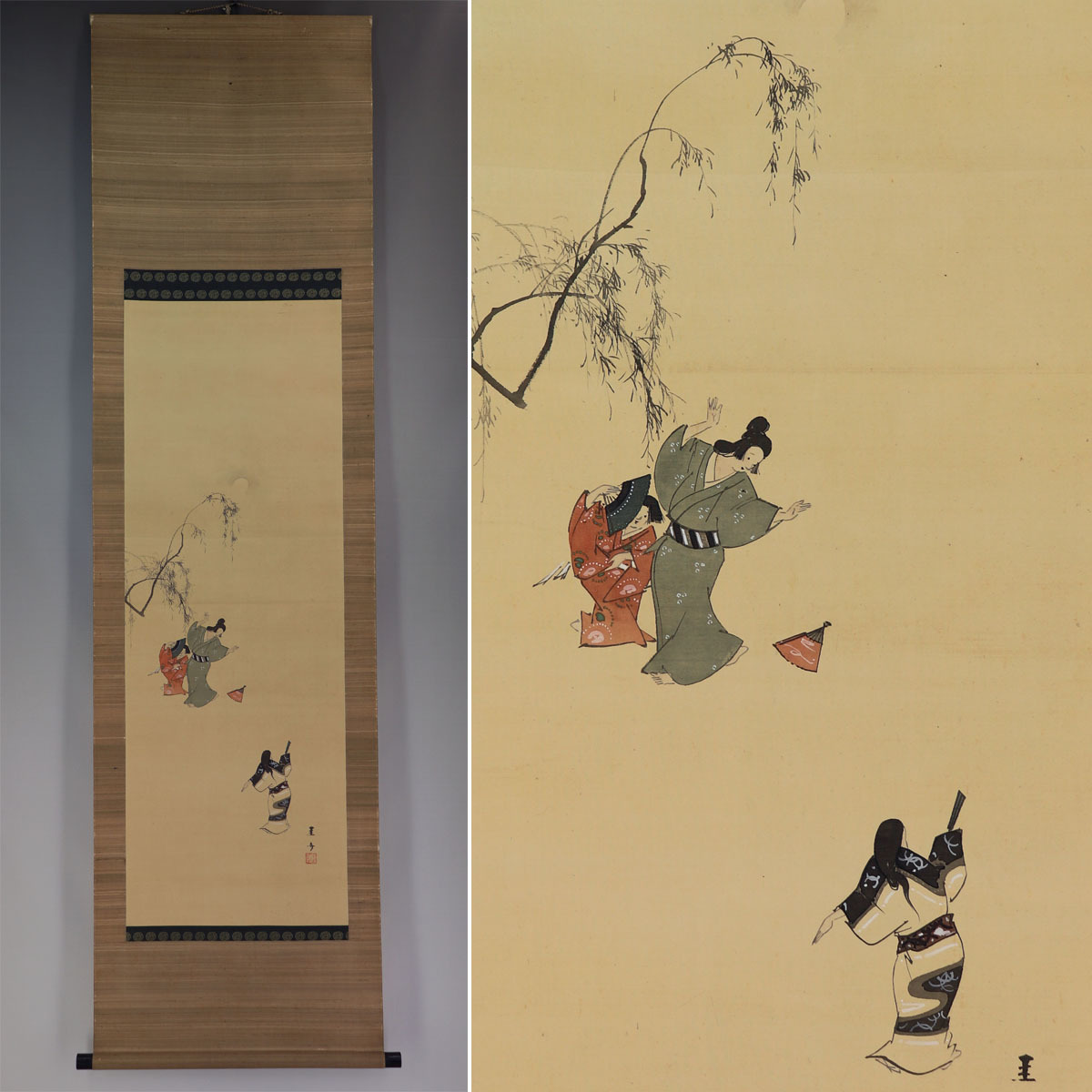 【真作】尾関圭舟【元禄風俗図】◆絹本◆合箱◆掛軸 w10165拍卖