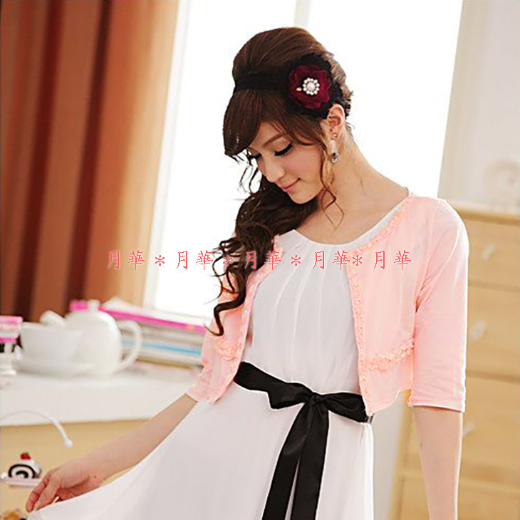 ボレロ ピンク S カーディガン 七分袖 薔薇 リボン 新品 即納 bf83086 月華拍卖