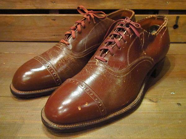 ビンテージ40's★Clastonキャップトゥシューズ★210218s13-m-dshs-265cm 1940s革靴ドレスシューズ茶ブラウン拍卖