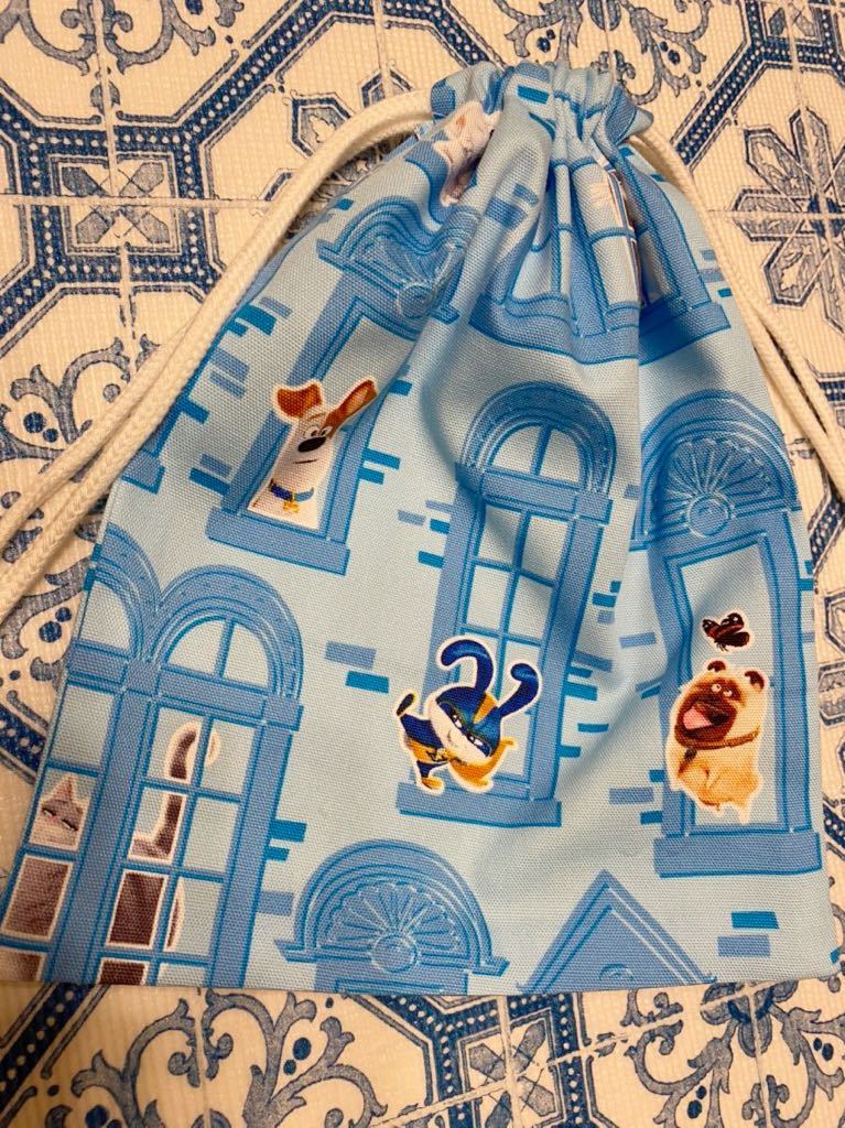 中31 巾着袋 小物入れ 給食袋 ハンドメイド 青色犬拍卖