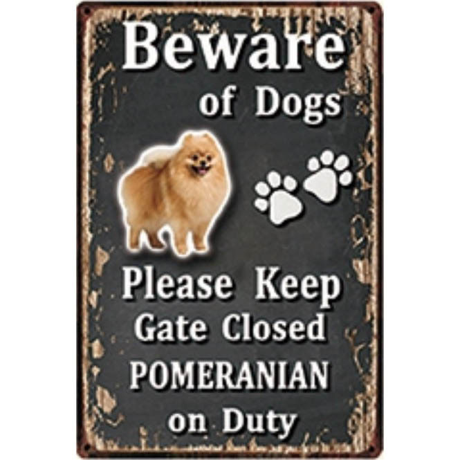 A3184 メタル サイン ブリキ 看板 金属 製 プレート パネル 注意 危険 防犯 動物 ペット 犬 番犬 猛犬 ポメラニアン【3857拍卖