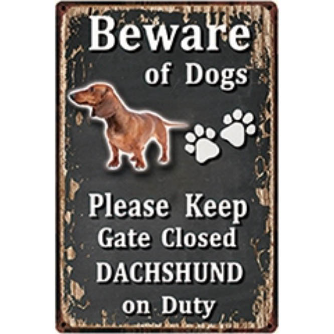 A3193 メタル サイン ブリキ 看板 金属 プレート パネル 注意 危険 防犯 動物 ペット 犬 番犬 猛犬 ダックスフンド【3872拍卖