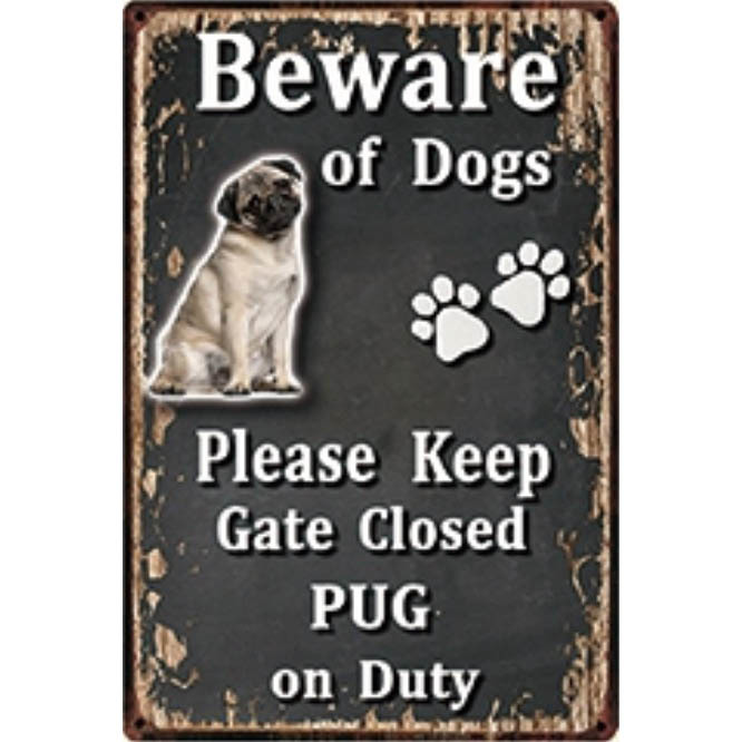 A3199 メタル サイン ブリキ 看板 金属 製 プレート パネル 注意 警告 危険 防犯 動物 ペット 犬 番犬 猛犬 パグ【3656】拍卖