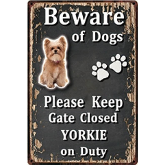 A3203 メタル サイン ブリキ 看板 金属 プレート 注意 危険 動物 ペット 犬 番犬 猛犬 ヨークシャー テリア ヨーキー【3666拍卖