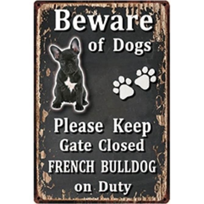 A3195 メタル サイン ブリキ 看板 金属 プレート パネル 注意 危険 動物 ペット 犬 番犬 猛犬 フレンチ ブルドッグ【3670】拍卖