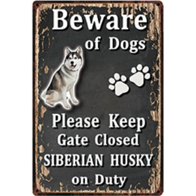 A3202 メタル サイン ブリキ 看板 金属 製 プレート 注意 危険 防犯 動物 ペット 犬 番犬 猛犬 シベリアン ハスキー【3663拍卖