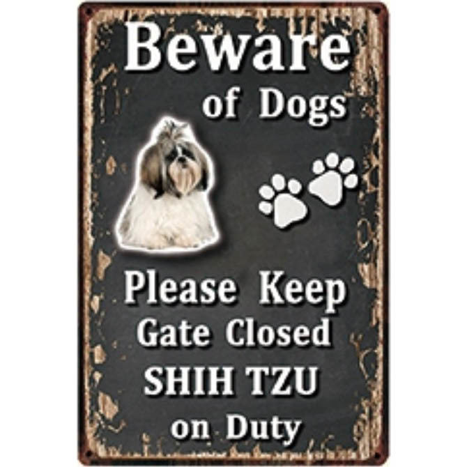 A3201 メタル サイン ブリキ 看板 金属 プレート パネル 注意 警告 危険 防犯 動物 ペット 犬 番犬 猛犬 シーズー【3662拍卖