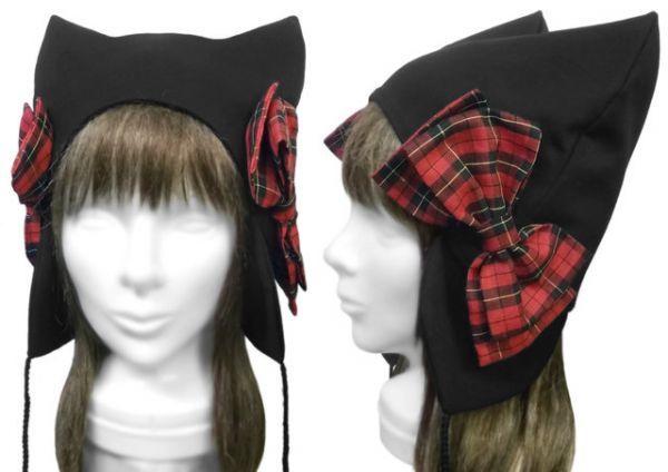 ハンドメイド◆赤チェックリボン飾り/耳あて付 猫耳帽子◆コットンニット/ブラック拍卖