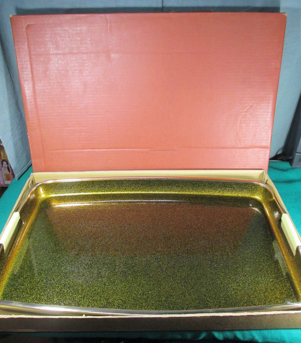 長手盆 48cm スターレッド ゴールド 長方形 盆 ●9805拍卖