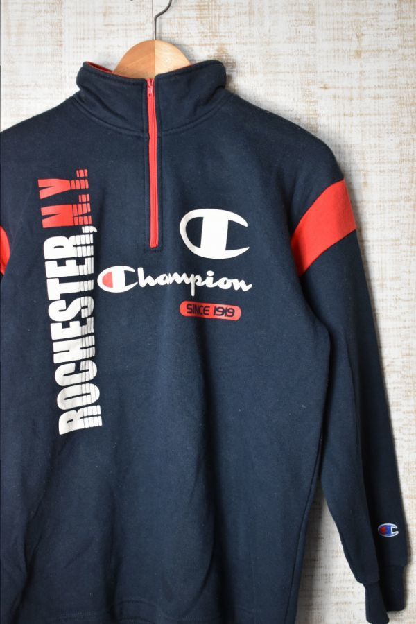 ☆90s 古着 Champion チャンピオン スウェット トレーナー ハイネック ジップアップ ラバープリント ネイビー紺【160(S)】裏起毛◆2875◆拍卖