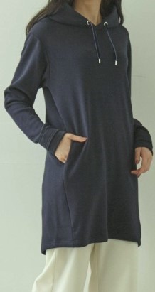 ベルメゾン フード付カットソーチュニック 背中フリース裏地付 ネイビーLL拍卖