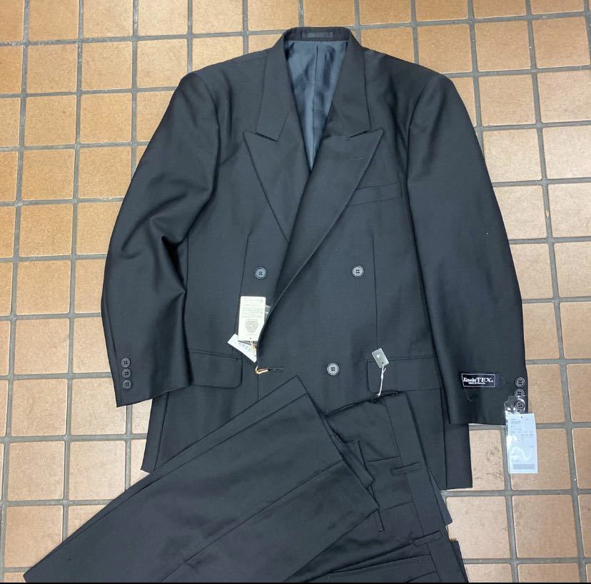 新品 未使用 激安 タグ付き 日本製 ダブルスーツ ウール100% カネボウ Kanebo TEX ブラック サイズYA4 ノーベンツ2タック あ拍卖