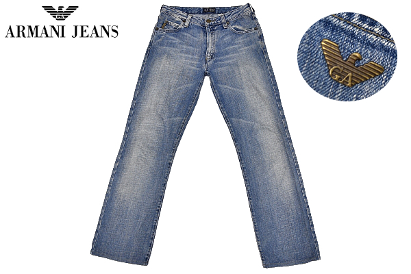 K-2243★ARMANI JEANS アルマーニジーンズ INDIGO 003★正規品 イタリア製 ヴィンテージ&クラッシュ加工 デニム ストレートジーンズ W26拍卖