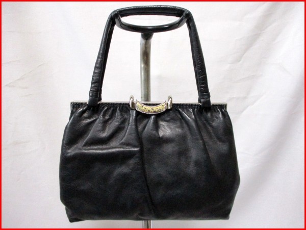 本革ハンドバッグ BK◇ソフトレザータッチ ミセス向け ミニミラー付 W26cm拍卖