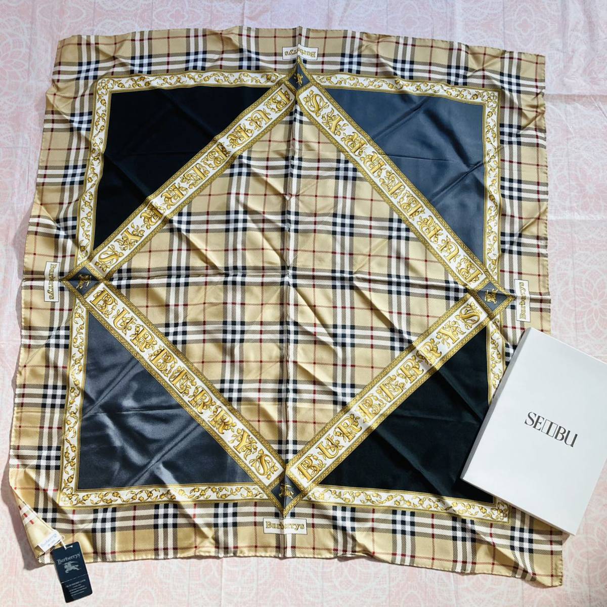 【シルク100%】87cm/新品/BURBERRY/大判スカーフ/正規品/バーバリー/ハンカチ/未使用/ストール/即決あり/匿名発送/ノバチェック/タグ付き拍卖