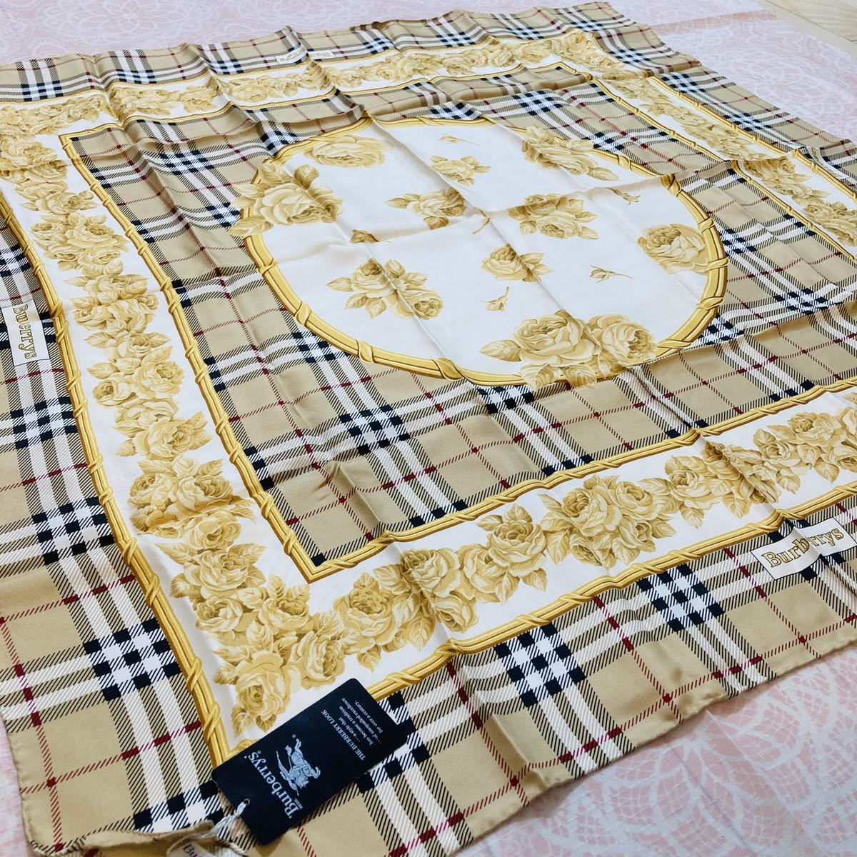 【シルク100%】86cm/新品/BURBERRY/大判スカーフ/正規品/バーバリー/ハンカチ/未使用/ストール/即決/匿名/ノバチェック/タグ付/バラ/花柄拍卖