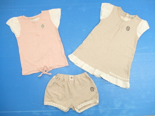 【お買得!】★UZULAND★女の子120サイズ3点セット ①半袖トップス/ピンク ②半袖トップス/ベージュ ③半ズボン/ベージュ拍卖