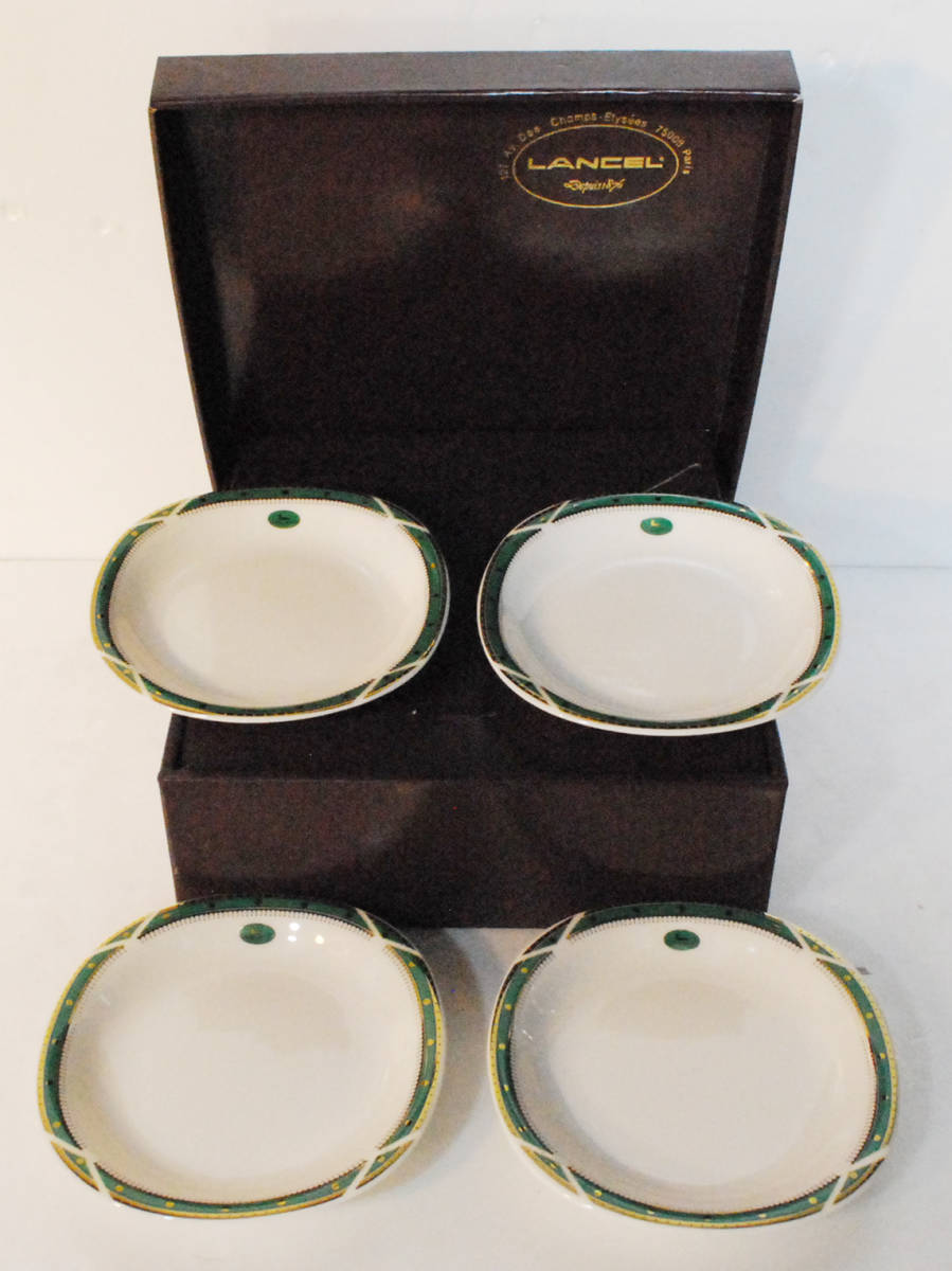 ■LANCEL■ 丸皿 4枚セット 白×緑×金 L-2163 箱入り プレート拍卖