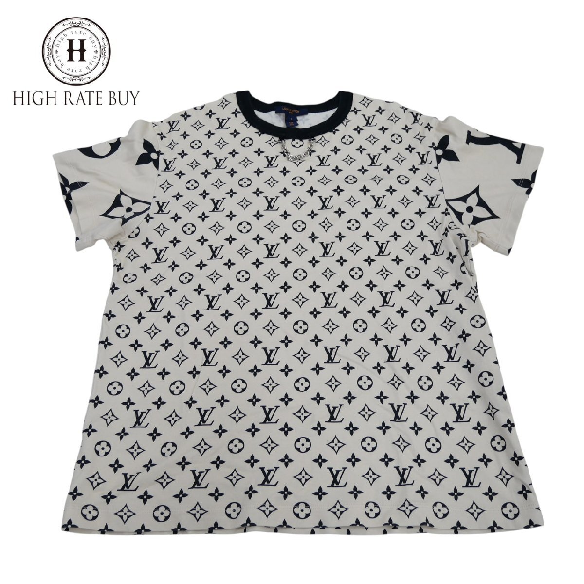 1円スタート LOUIS VUITTON ルイヴィトン LV ミックスモノグラム チェーン Tシャツ 半袖 クルーネック RW212W GR5 FLTS25 クリーム L拍卖