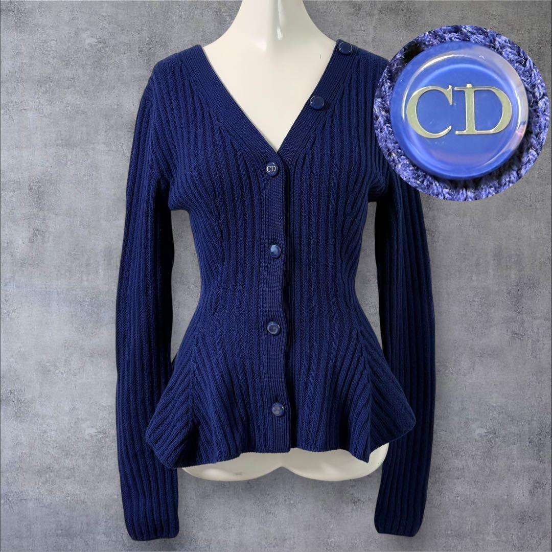 近年モデル 未使用級 クリスチャンディオール Christian Dior CDボタン ニット カーディガン ペプラム ブルー セーター リバーシブル拍卖
