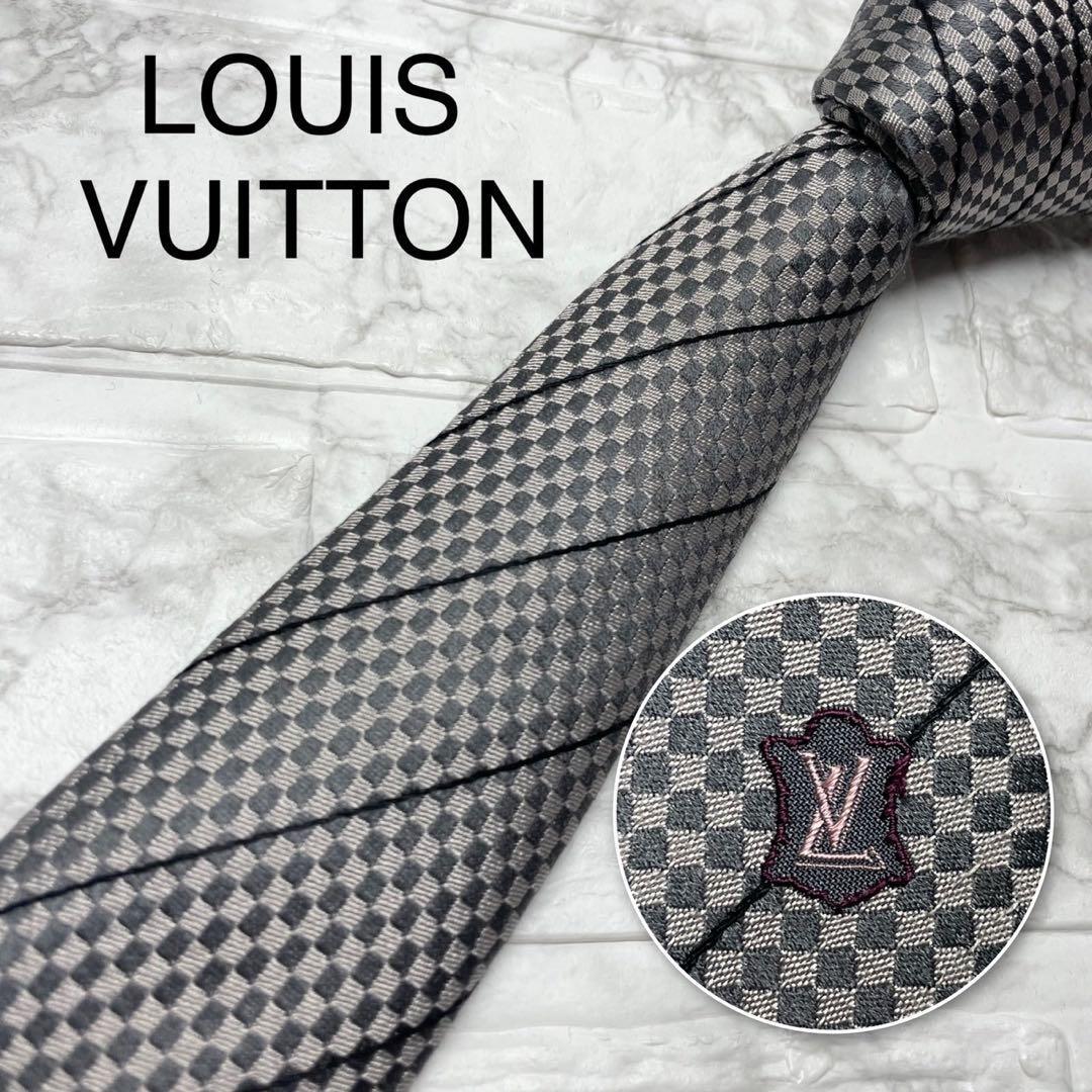 未使用級 ルイヴィトン LOUIS VUITTON ネクタイ マイクロダミエ LVシルク ダークシルバー ダミエ スーツ ビジネス タイピン ジャケット拍卖