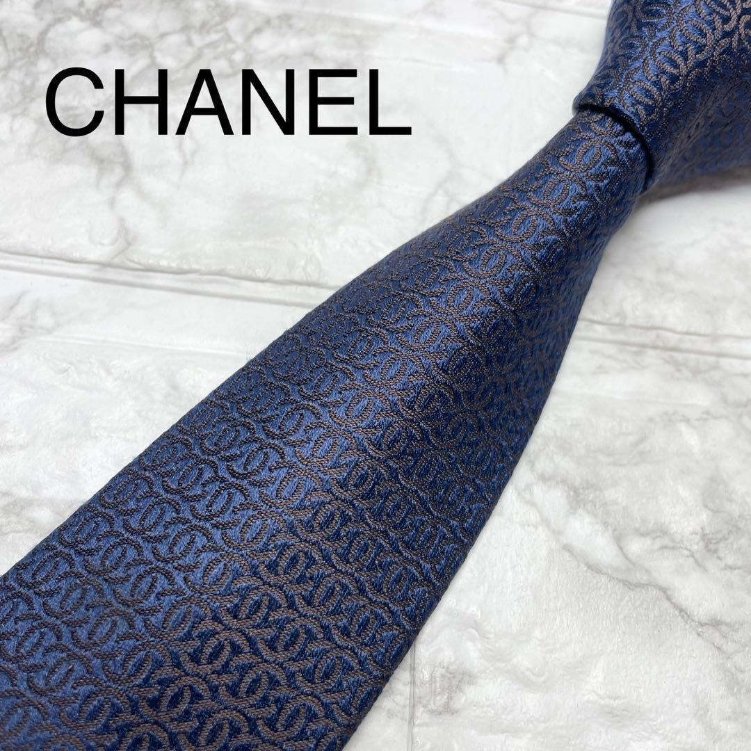 未使用級 シャネル CHANEL ネクタイ ココマーク 総柄 シルク ビジネス スーツ ジャガード ネイビー カフス タイピン ベルト ジャケット拍卖