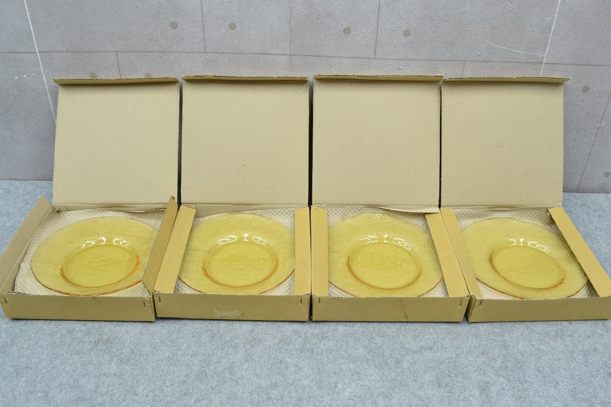 C3226■未使用品 オフセンターガラス皿 アンバー(琥珀)ガラス皿 12枚セット(3枚セット×4箱) ガラス皿 プレート 洋食器 カフェ レストラン拍卖