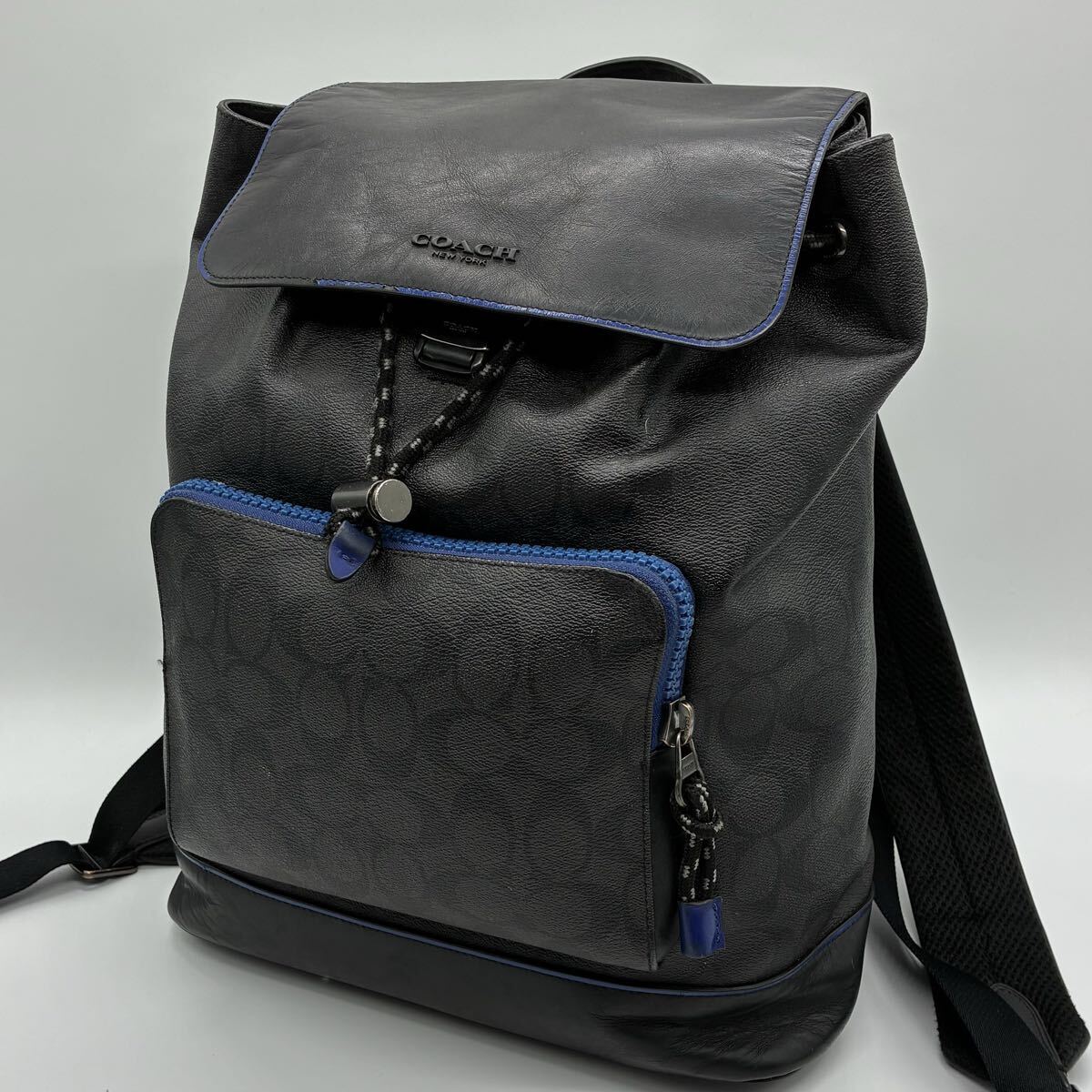 1円〜 COACH コーチ Turner Backpack タナーバックパック リュック ビジネス オールレザー 本革 シグネチャー フラップ ブラック拍卖