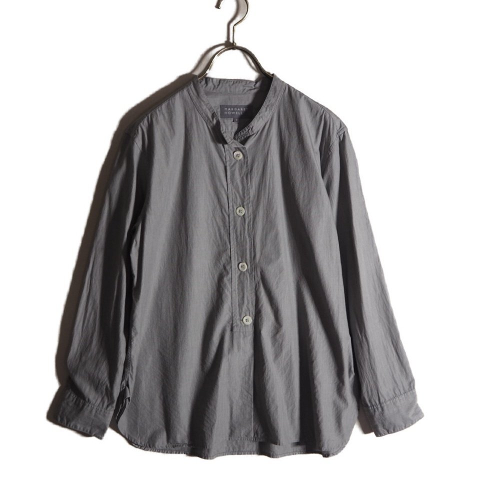 R7132f68 ▼MARGARET HOWELL マーガレットハウエル▼ COTTON HAIRLINE STRIPE SHIRT コットン バンドカラーシャツ グレー 1 春夏拍卖
