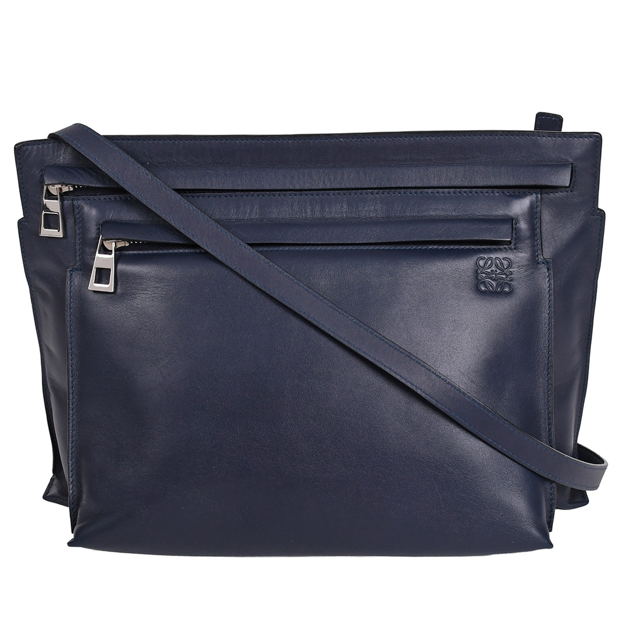 ロエベ LOEWE アナグラム ラージ ダブルポーチ ショルダーバッグ クロスボディバッグ レザー ネイビー ブルー シルバー金具 109.54 中古拍卖