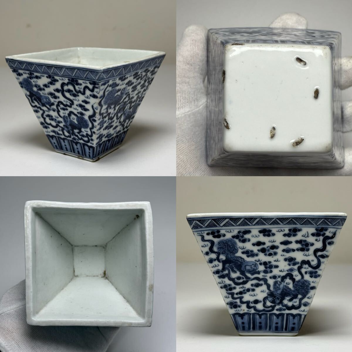 CBW-中国古美術 時代物 染付 茶碗 杯 四方盃 獅子図 唐物 陶磁器 中国古玩 骨董品 古董拍卖