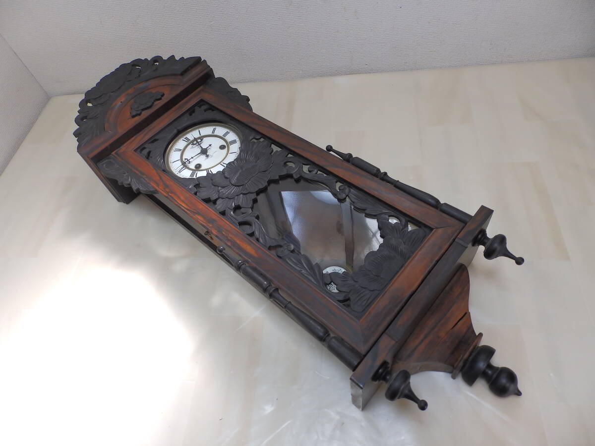 16)動画有 精工舎 スリゲル 黒柿 鎌倉彫 振子式掛時計 動作品拍卖