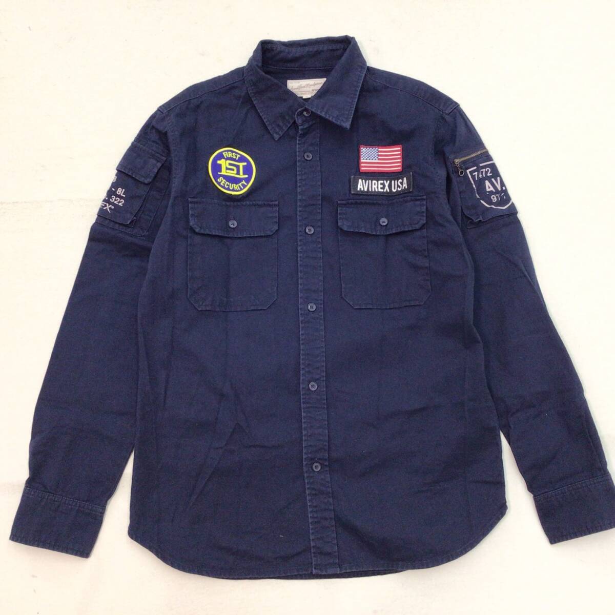 ■ AVIREX アヴィレックス ファティーグ 長袖シャツ メンズ サイズXL コットン 濃紺 ワッペン 袖ポケット ミリタリー 6175140拍卖