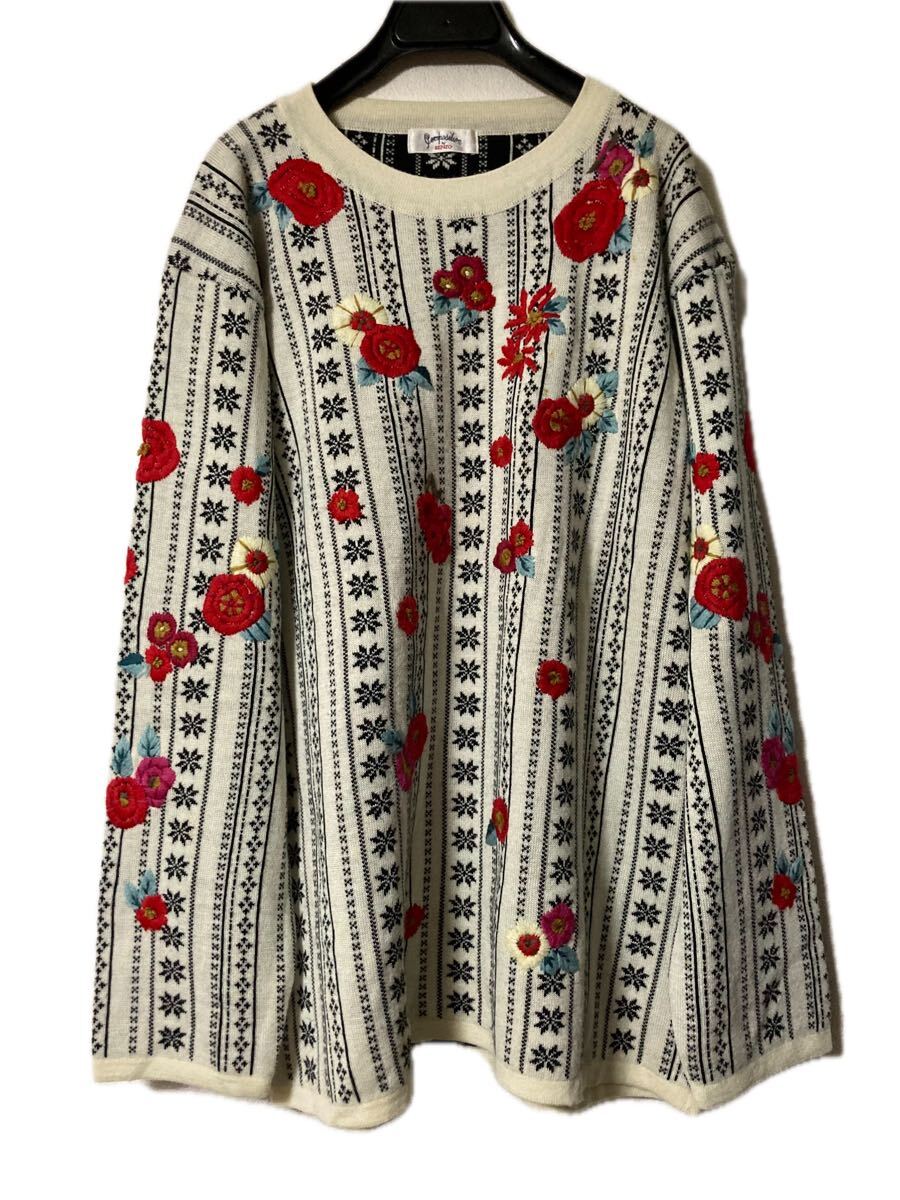 KENZO オールド 90s ジャカードニット フラワー刺繍 XL フォークロア 白 花 柄 スウェット ウール アクリル ケンゾー拍卖